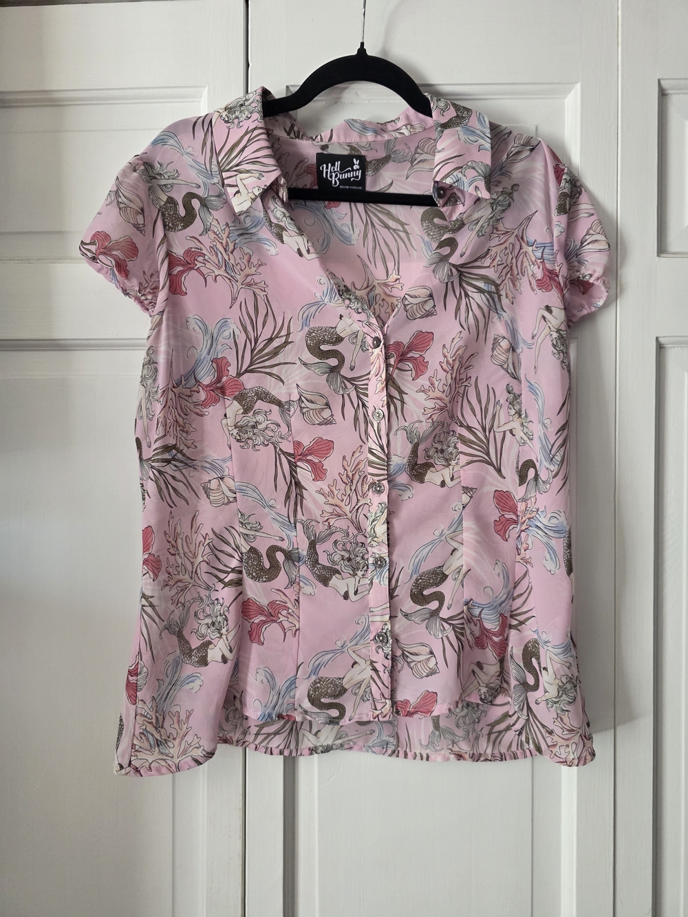 Hell Bunny XL Pink Mermaid & Coral Print Button Front Blouse Retro Pinup Top